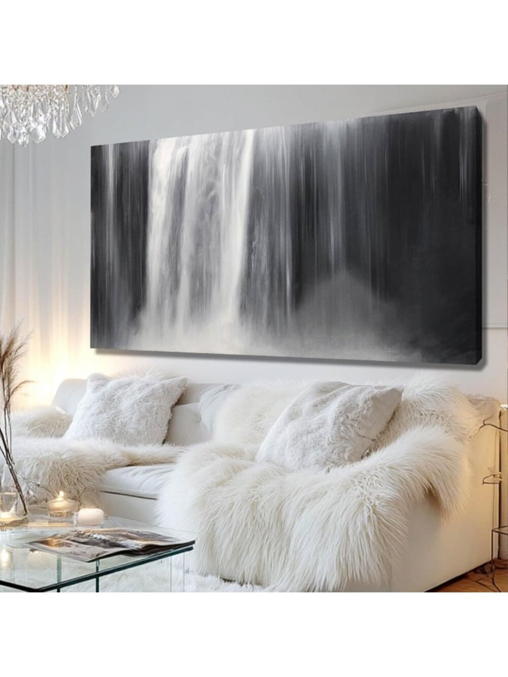 Abstract Black and White Waterfall Canvas Art - Modern Wall Decor for Bedroom